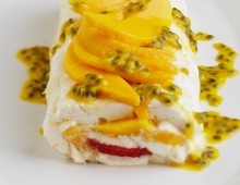 Mango and Strawberry Pavlova Roll
